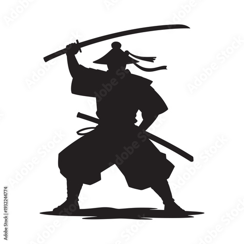 Silhouette of a samurai warrior poised for battle with swords drawn