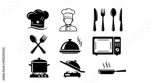 Collection of kitchen and cooking icons featuring utensils appliances and cookware silhouettes.