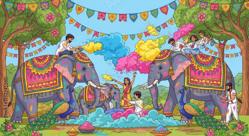 Elephants and people celebrate holi festival with colorful powders under trees and flags