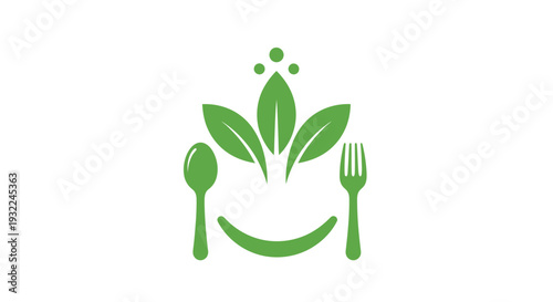Green Plant Based Meal Icon with Leaves and Utensils Representing Healthy Food.