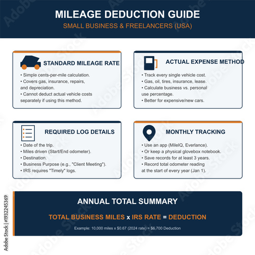 Mileage deduction guide infographic for small business and freelancers