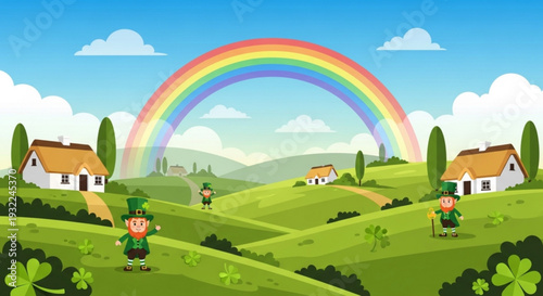 Leprechauns in a vibrant green irish landscape with rainbow and houses