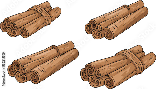 Cinnamon sticks bundle set isolated, natural aromatic spice for cooking baking dessert and herbal tea flat vector illustration