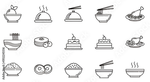 Collection of steaming bowls of noodles and soup icons in line art style.