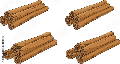Cinnamon sticks collection isolated, aromatic natural spice ingredient for cooking baking desserts and herbal tea flat vector illustration