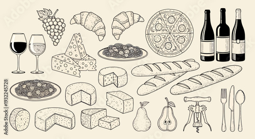 Assorted bakery items, cheeses, fruits, and wines displayed in a rustic arrangement.