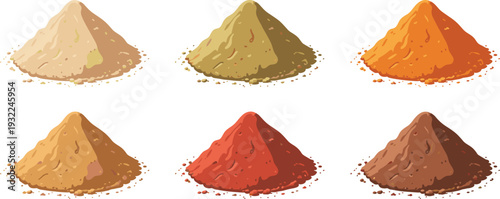 Assorted colorful ground spice powder heaps set, turmeric paprika curry cocoa seasoning isolated flat vector illustration collection