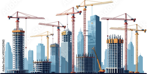 Cityscape under construction with multiple cranes and skyscrapers in various stages of development