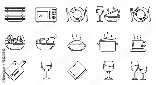 Collection of Dining Utensils and Tableware Icons for Food Theme.