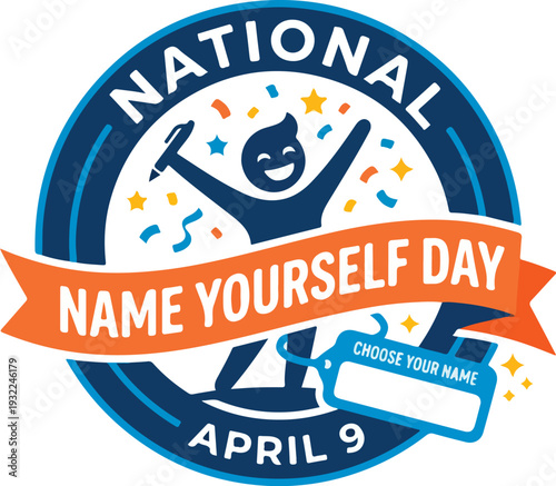 National Name Yourself Day logo with colorful confetti and customizable name tag