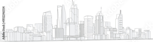 Cityscape illustration of modern skyscrapers and urban landscape viewed from a distance