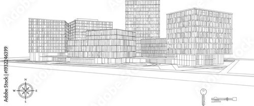 Architectural blueprint of modern cityscape with multiple buildings and structures