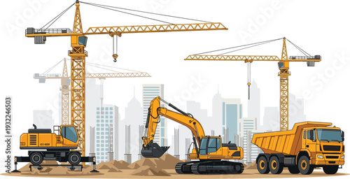 Construction site with cranes, excavator, bulldozer, and dump truck operating amidst cityscape background illustration