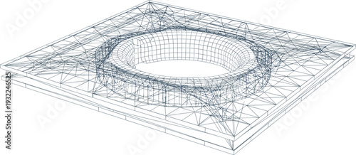 3D wireframe model of a circular stadium structure on a square base viewed from above