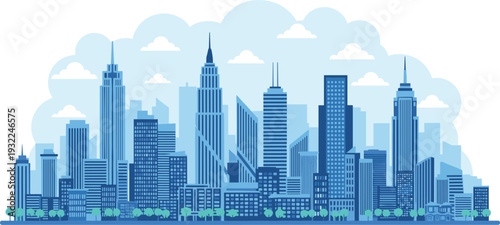 Cityscape illustration featuring modern skyscrapers and urban landscape with clouds in the background from a distant viewpoint