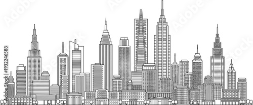 Manhattan Skyline Illustration Featuring Skyscrapers and Cityscape from a Distant Viewpoint