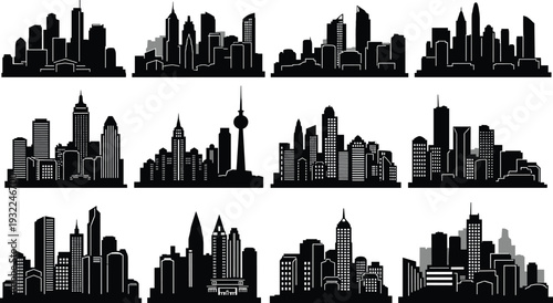 Collection of city skylines with diverse architectural styles and skyscrapers from various urban landscapes