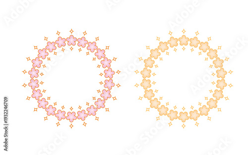 ピンクとオレンジのグラデーション花の円形フレーム、背景、アクセント。