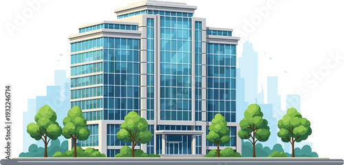 Modern office building with glass facade and trees in the foreground viewed from a straight-on perspective