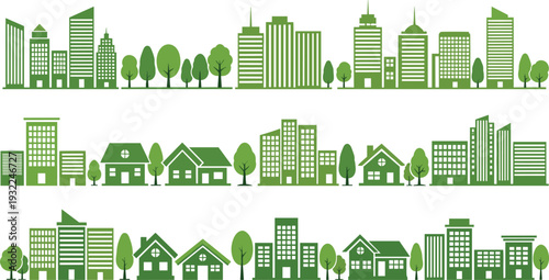 Cityscape illustration featuring buildings, houses, and trees viewed from a distance in a serene environment