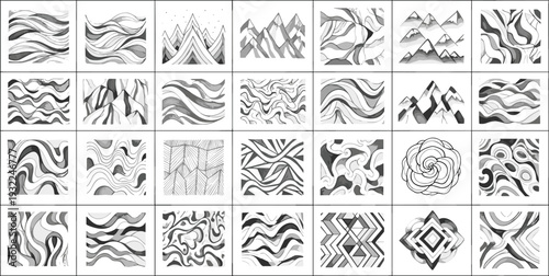 Collection of diverse abstract illustrations in black and white, showcasing various patterns and shapes from different viewpoints.