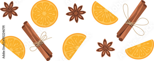 Flat vector spice illustration with orange slices, cinnamon sticks and star anise isolated on white background decorative set