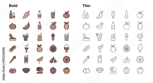 Collection of filled brown and outline line icons of assorted foods and plants.