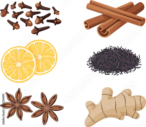 Flat vector spice ingredients set with clove buds, cinnamon sticks, lemon slices, black tea, star anise and ginger