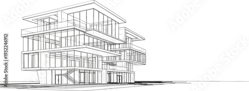 Modern multi-story building illustration with sleek design and large windows from a low-angle viewpoint