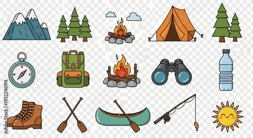 A fun cartoon vector illustration set of isolated winter holiday camping icons featuring a boat, ship, water, toy, and hat for a complete collection