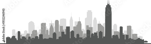 Panoramic silhouette of a bustling cityscape with diverse architectural styles at dusk from an elevated viewpoint