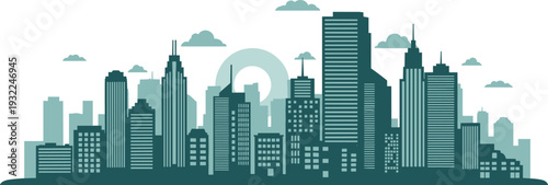 Cityscape illustration featuring modern architecture, skyscrapers, and urban landscape from a distant viewpoint