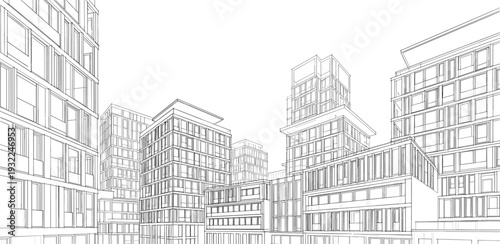 Urban landscape illustration showcasing modern architecture and cityscape with detailed building facades from a street-level viewpoint