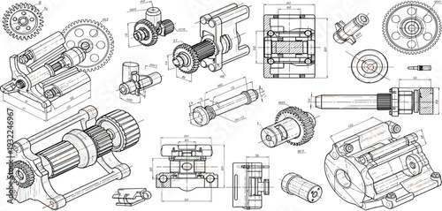 Detailed technical drawings of various mechanical parts and components, showcasing gears, axles, and machinery elements in an engineering context