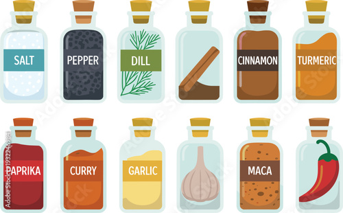 Flat vector spice jars collection with salt, pepper, dill, cinnamon, turmeric, paprika, curry, garlic and chili
