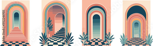 Four Stylized Archways with Geometric Patterns and Foliage in a Row
