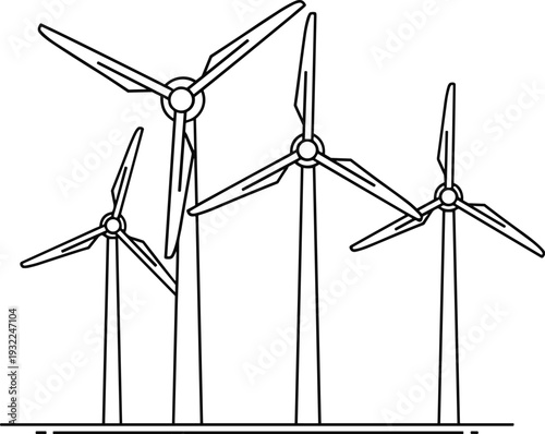 Multiple wind turbines standing tall in a landscape viewed from a slight elevation