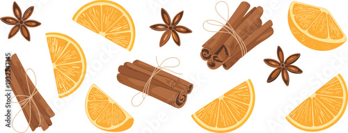 Flat vector spice set with orange slices, cinnamon stick bundles and star anise isolated on light background illustration