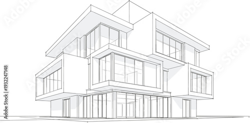 Modern multi-story building with large windows and sleek design illustrated from a low angle