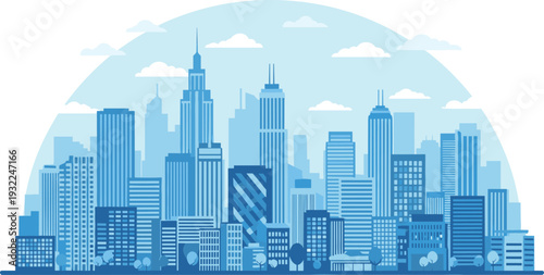 Cityscape illustration featuring skyscrapers, buildings, urban, landscape, architecture viewed from a distance under a cloudy sky