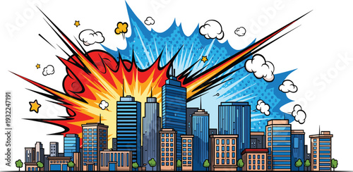 Cityscape illustration depicting a dramatic explosion amidst modern skyscrapers and urban landscape viewed from a dynamic angle