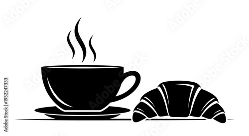 Morning coffee cup with croissant on a white plate capturing a simple breakfast moment.