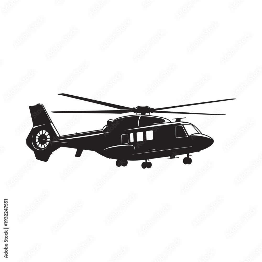 Fototapeta premium Silhouette of a modern helicopter in flight side view black and white