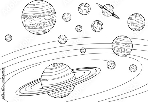 Illustration of the solar system with planets and orbits children's coloring page.