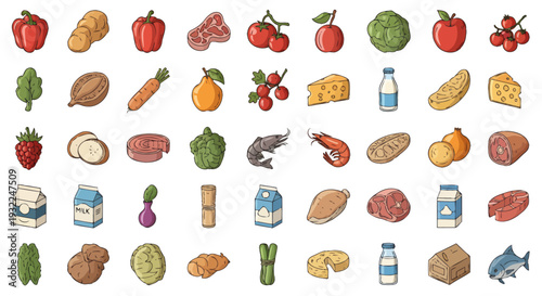Assorted groceries and foods including fruits, dairy, bakery, vegetables and meats in a colorful collage.