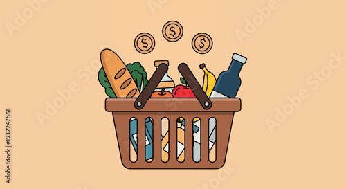 Colorful Grocery Basket with Bread, Bottles, Cans, and Fresh Produce.
