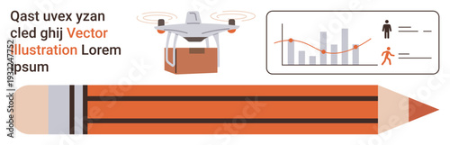 Logistics automation, data analysis, technology in education, modern tools, delivery systems, innovation. A quadcopter with a box, a data graph and an orange pencil. Logistics automation and data