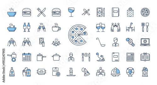 Collection of blue line icons featuring food, beverages, and kitchen items.