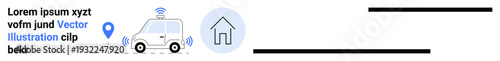 Smart home integration, IoT, transportation, self-driving cars, AI technology, seamless connectivity. a connected car and home icon. Smart home integration and IoT focus