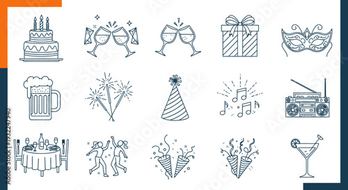 Collection of celebratory event icons featuring cake gifts and party elements in blue line style.